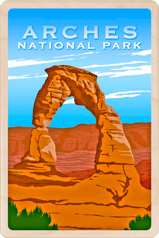 Illustration of Arches National Park with a large sandstone arch and desert landscape. Arches National Park, Utah - See America – Eco-friendly Card -&nbsp; Wooden Postcard

Write on the back with any pen and post worldwide with a standard stamp. A smart, eco-friendly card and gift.