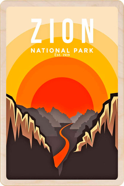 Zion National Park poster with mountain landscape and sunset. Arches National Park, Utah - The Wooden Postcard Company