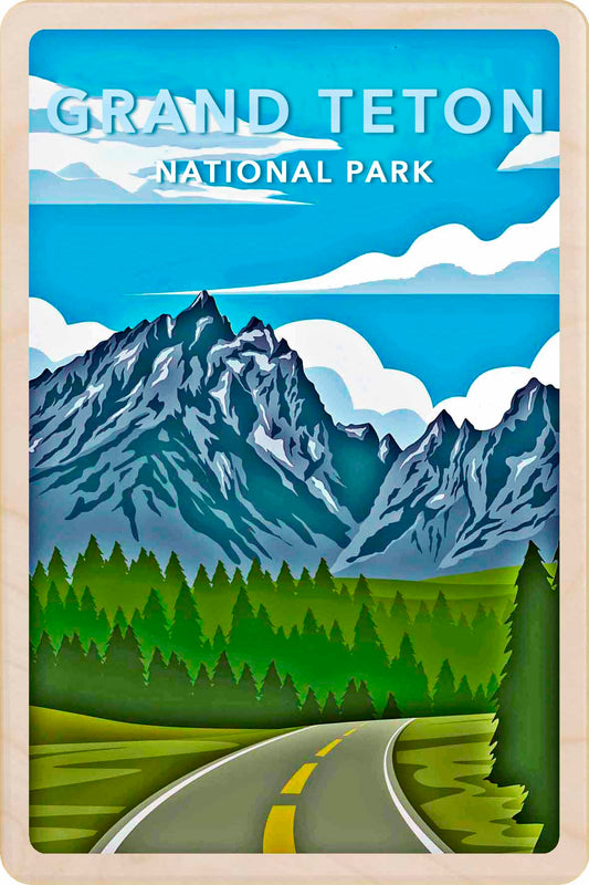 Poster of Grand Teton National Park with a mountain and road illustration. Grand Teton National Park – Eco-friendly Card -&nbsp; Wooden Postcard

Write on the back with any pen and post worldwide with a standard stamp. A smart, eco-friendly card and gift.
