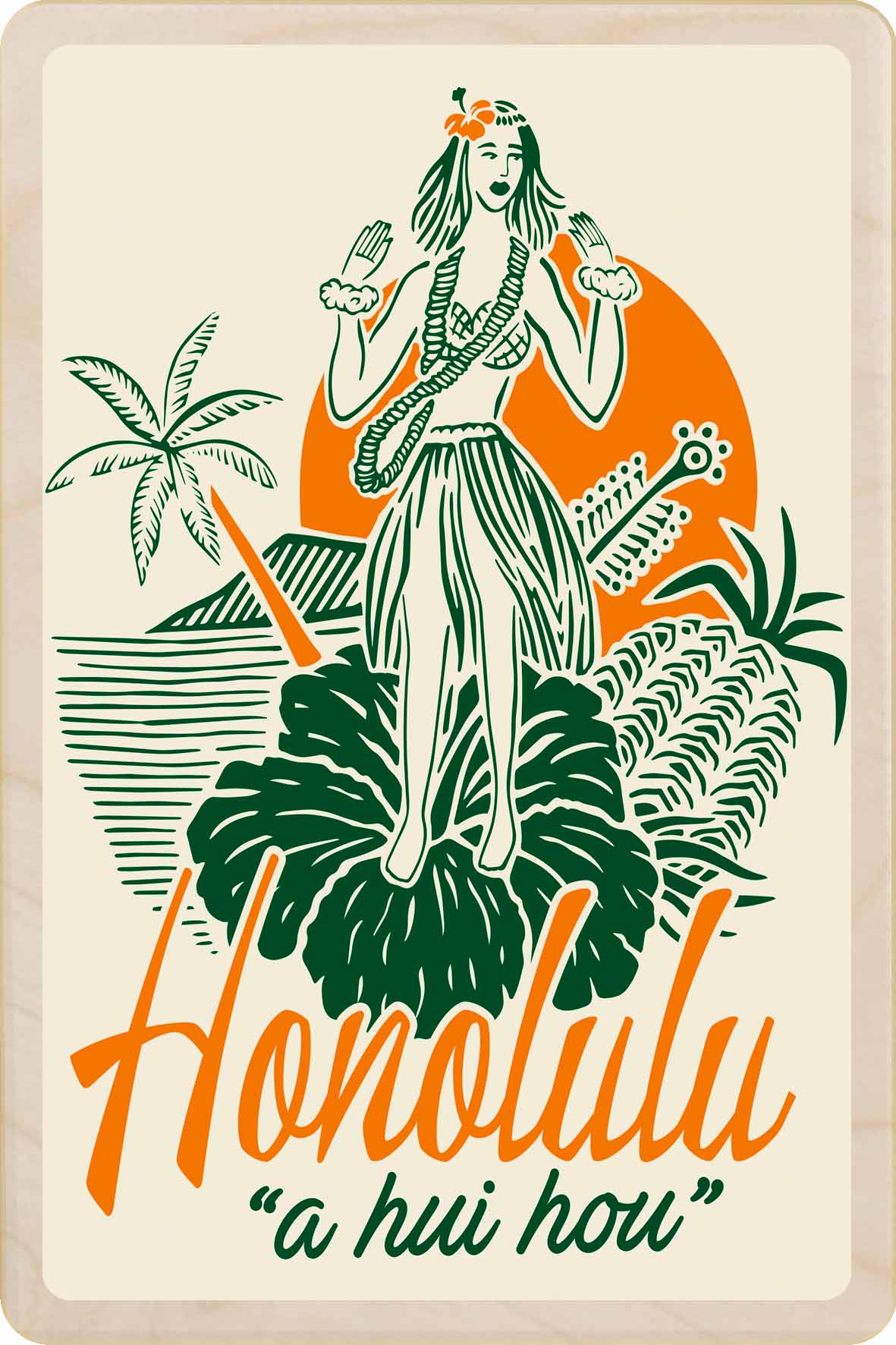 Vintage-style poster with a hula dancer,  'Honolulu a hui hou'. Honolulu, Hawaii – Eco-friendly Card - Wooden Postcard

Write on the back with any pen and post worldwide with a standard stamp. A smart, eco-friendly card and gift.