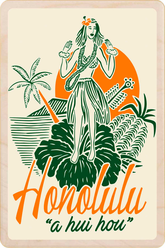 Vintage-style poster with a hula dancer,  'Honolulu a hui hou'. Honolulu, Hawaii – Eco-friendly Card - Wooden Postcard

Write on the back with any pen and post worldwide with a standard stamp. A smart, eco-friendly card and gift.
