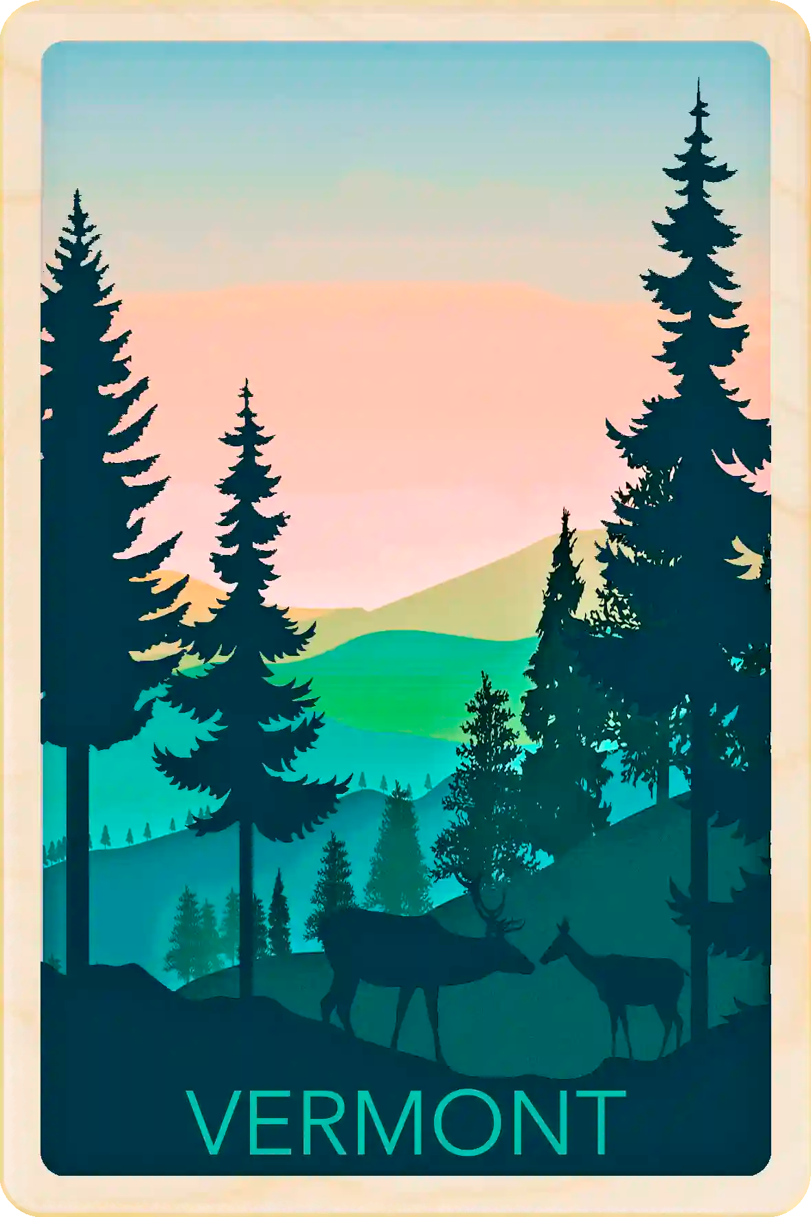 Vermont Travel Art Wooden Postcard to send, gift, and keep. The Wooden Postcard Company
