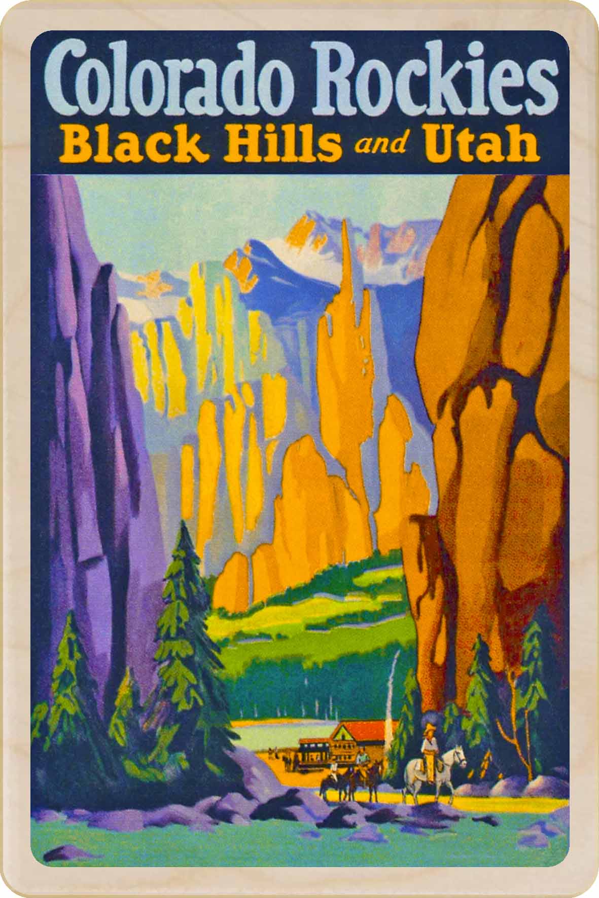 Vintage-style travel poster for Colorado Rockies, Black Hills, and Utah with mountain landscape and horseback rider. Colorado Rockies, Black Hills and Utah – Eco-friendly Card - Wooden Postcard

Write on the back with any pen and post worldwide with a standard stamp. A smart, eco-friendly card and gift.