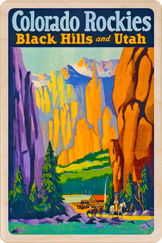 Vintage-style travel poster for Colorado Rockies, Black Hills, and Utah with mountain landscape and horseback rider. Colorado Rockies, Black Hills and Utah – Eco-friendly Card - Wooden Postcard

Write on the back with any pen and post worldwide with a standard stamp. A smart, eco-friendly card and gift.