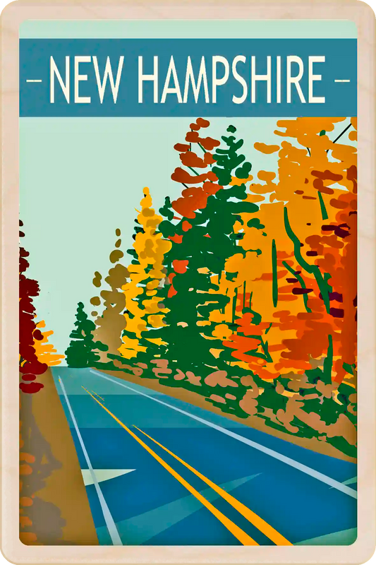 New Hampshire Travel Art Wooden Postcard to send, gift, and keep. The Wooden Postcard Company