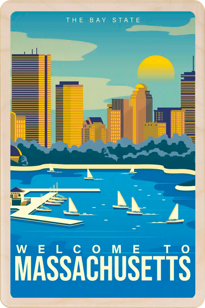 Welcome to Massachusetts Travel Art Wooden Postcard to send, gift, and keep. The Wooden Postcard Company
