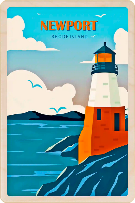 Newport, Rhode Island Lighthouse Travel Art Wooden Postcard to send, gift, and keep. The Wooden Postcard Company