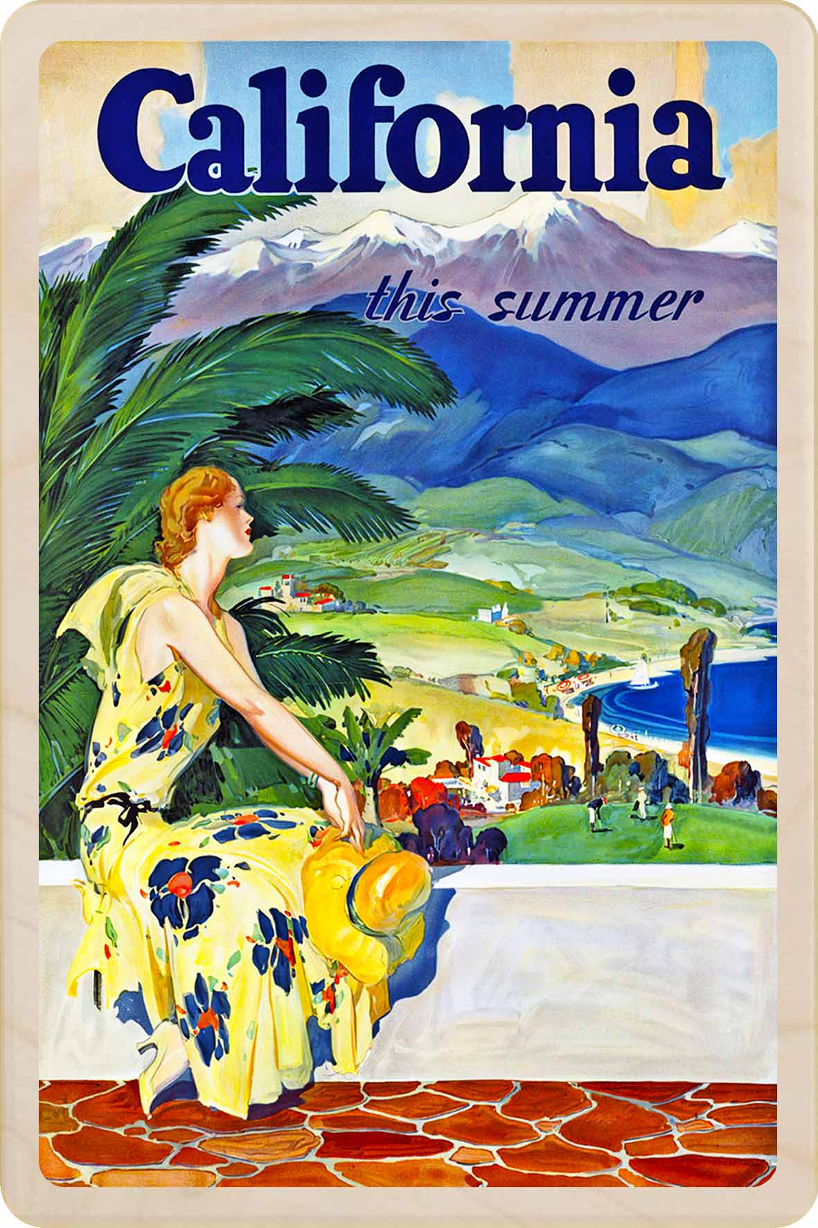 Vintage-style travel poster for California with a woman in a yellow dress and palm trees. California this Summer – Eco-friendly Card - Wooden Postcard

Write on the back with any pen and post worldwide with a standard stamp. A smart, eco-friendly card and gift.