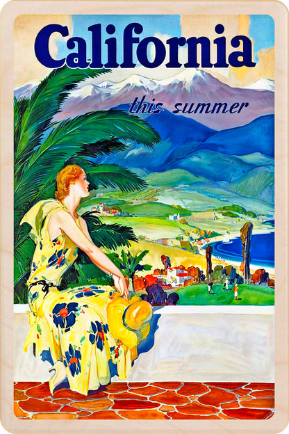 Vintage-style travel poster for California with a woman in a yellow dress and palm trees. California this Summer – Eco-friendly Card - Wooden Postcard

Write on the back with any pen and post worldwide with a standard stamp. A smart, eco-friendly card and gift.