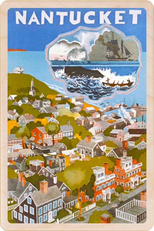 Illustration of Nantucket with a ship and town. Nantucket – Eco-friendly Card -Wooden Postcard

Write on the back with any pen and post worldwide with a standard stamp. A smart, eco-friendly card and gift.