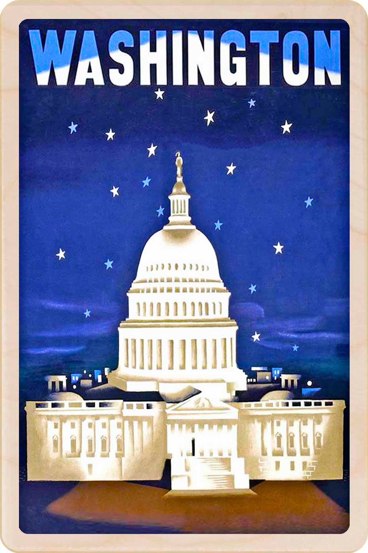 Illustration of the U.S. Capitol building at night. Washington DC – Eco-friendly Card -&nbsp; Wooden Postcard

Write on the back with any pen and post worldwide with a standard stamp. A smart, eco-friendly card and gift.