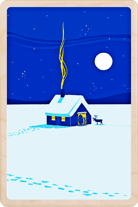 Christmas scene with a house, reindeer, and moon on a blue sky background. Christmas Night – Christmas card - Wooden Postcard

Original Christmas illustration printed on sustainable wood. A beautiful card to send, display, or tuck into a stocking.