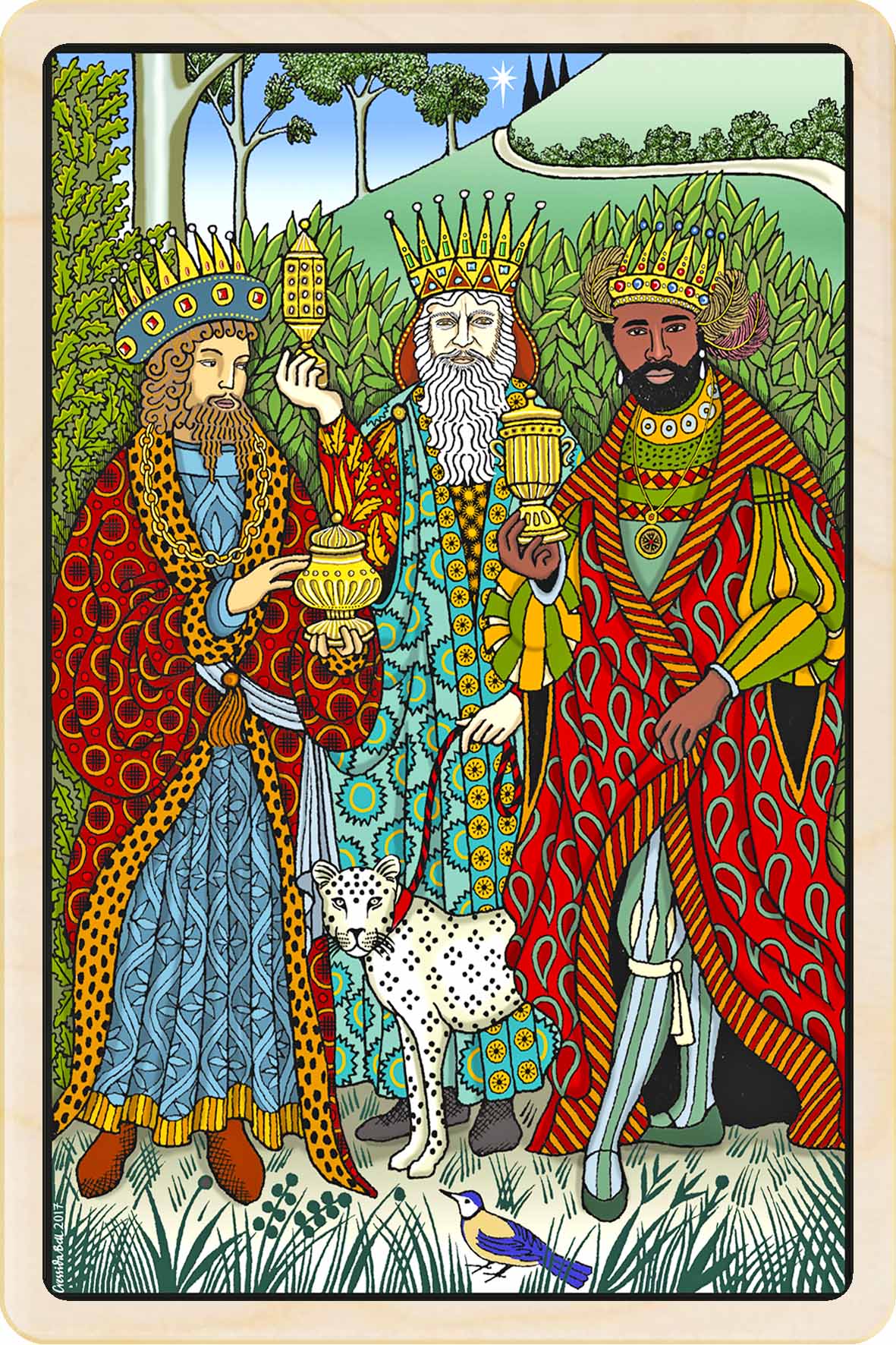 Three kings in colorful robes with a leopard, set against a natural landscape. Three Kings – Christmas card - Wooden Postcard

Original Christmas illustration printed on sustainable wood. A beautiful card to send, display, or tuck into a stocking.