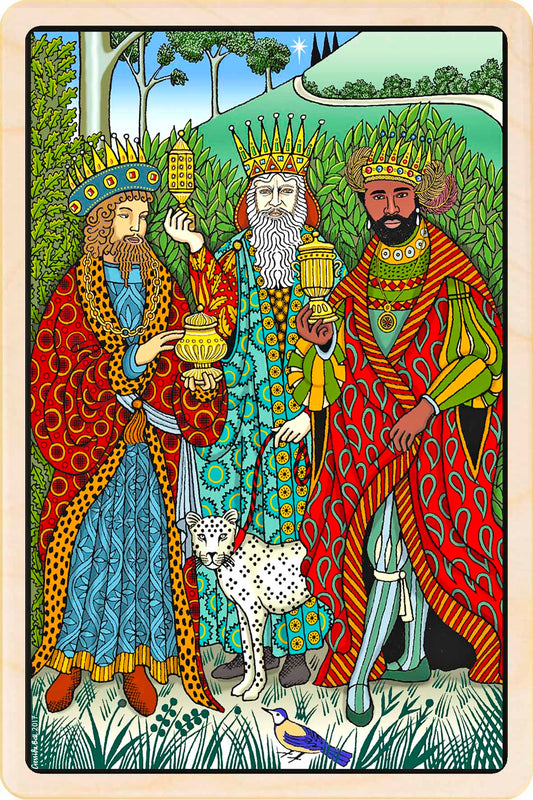 Three kings in colorful robes with a leopard, set against a natural landscape. Three Kings – Christmas card - Wooden Postcard

Original Christmas illustration printed on sustainable wood. A beautiful card to send, display, or tuck into a stocking.