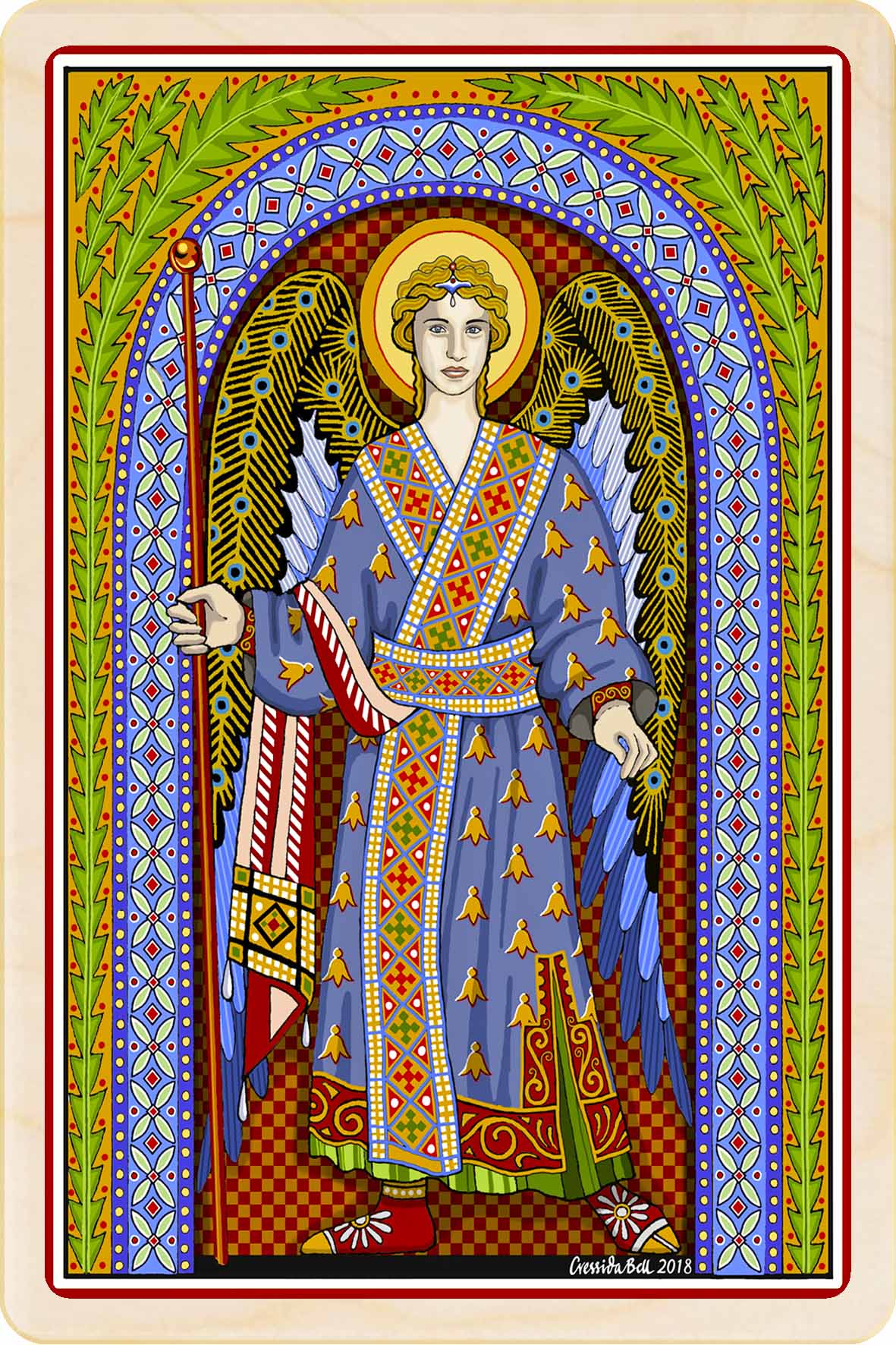 Colorful illustration of an angel with decorative border. Gabriel – Christmas card - Wooden Postcard

Original Christmas illustration printed on sustainable wood. A beautiful card to send, display, or tuck into a stocking.