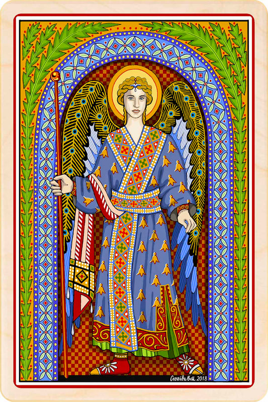 Colorful illustration of an angel with decorative border. Gabriel – Christmas card - Wooden Postcard

Original Christmas illustration printed on sustainable wood. A beautiful card to send, display, or tuck into a stocking.