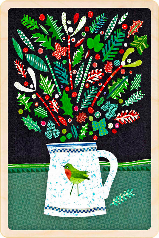 Decorative card with a mug of flowers and a bird . Christmas Jug – Christmas card - Wooden Postcard

Original Christmas illustration printed on sustainable wood. A beautiful card to send, display, or tuck into a stocking.