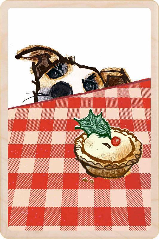 Card with a dog, cat, and Christmas pie on a red and white checkered tablecloth. Dog and Pie – Christmas card - Wooden Postcard

Original Christmas illustration printed on sustainable wood. A beautiful card to send, display, or tuck into a stocking.