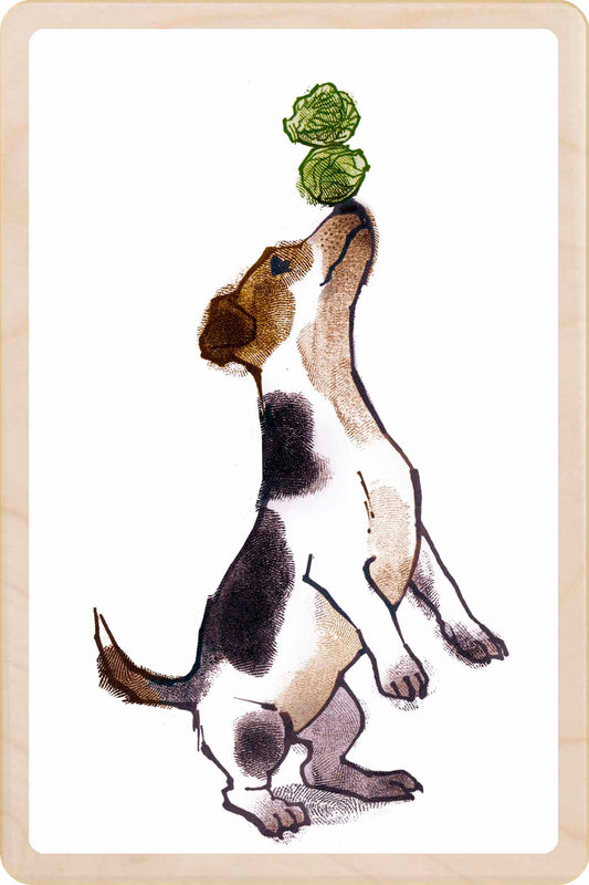 Dog and Sprouts – Christmas card - Wooden Postcard

Original Christmas illustration printed on sustainable wood. A beautiful card to send, display, or tuck into a stocking.