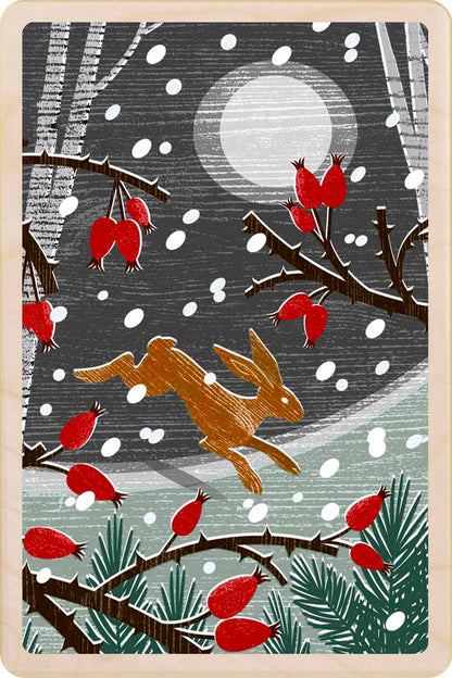 Woodland Hare – Christmas card - Wooden Postcard

Original Christmas illustration printed on sustainable wood. A beautiful card to send, display, or tuck into a stocking.