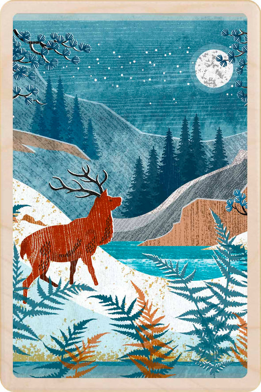 Woodcut-style illustration of a deer in a snowy landscape with mountains and trees. Snow Stag– Christmas card - Wooden Postcard

Original Christmas illustration printed on sustainable wood. A beautiful card to send, display, or tuck into a stocking.