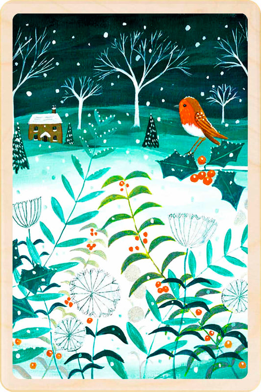 Illustration of a snowy landscape with a robin. Country Christmas– Christmas card - Wooden Postcard

Original Christmas illustration printed on sustainable wood. A beautiful card to send, display, or tuck into a stocking.