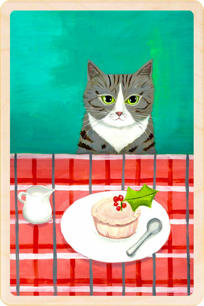 Christmas Cat, cat with mince pie, wooden Christmas card by Mary Stubberfield. The Wooden Postcard Company