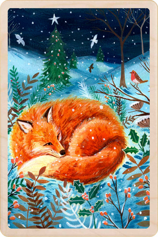 Illustration of a fox in a snowy landscape with trees and birds. Snow Fox– Christmas card - Wooden Postcard

Original Christmas illustration printed on sustainable wood. A beautiful card to send, display, or tuck into a stocking.