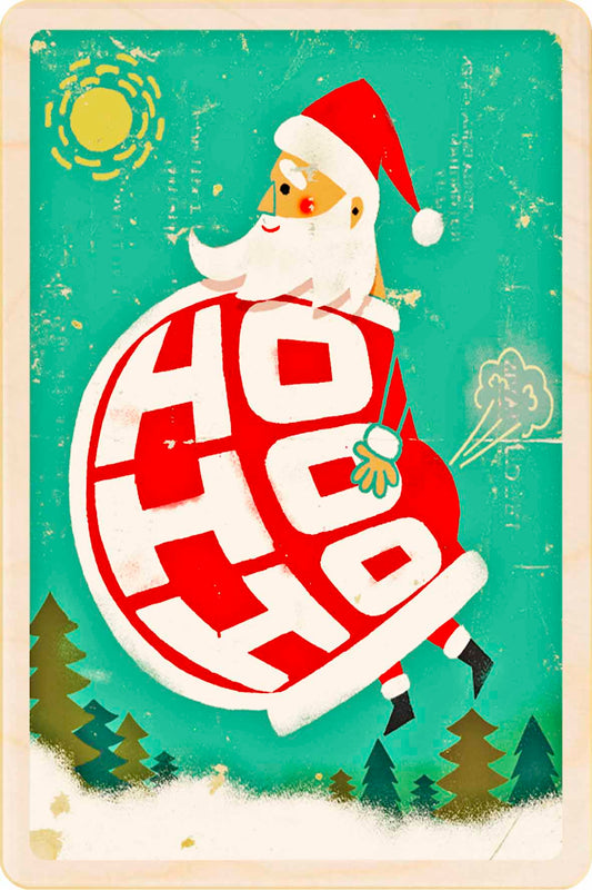 Flatulant Santa – Christmas card - Wooden Postcard

Original Christmas illustration printed on sustainable wood. A beautiful card to send, display, or tuck into a stocking.