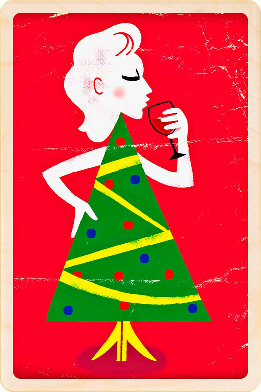 Illustration of a woman with a Christmas tree dress on a red background. Miss Christmas – Christmas card - Wooden Postcard

Original Christmas illustration printed on sustainable wood. A beautiful card to send, display, or tuck into a stocking.
