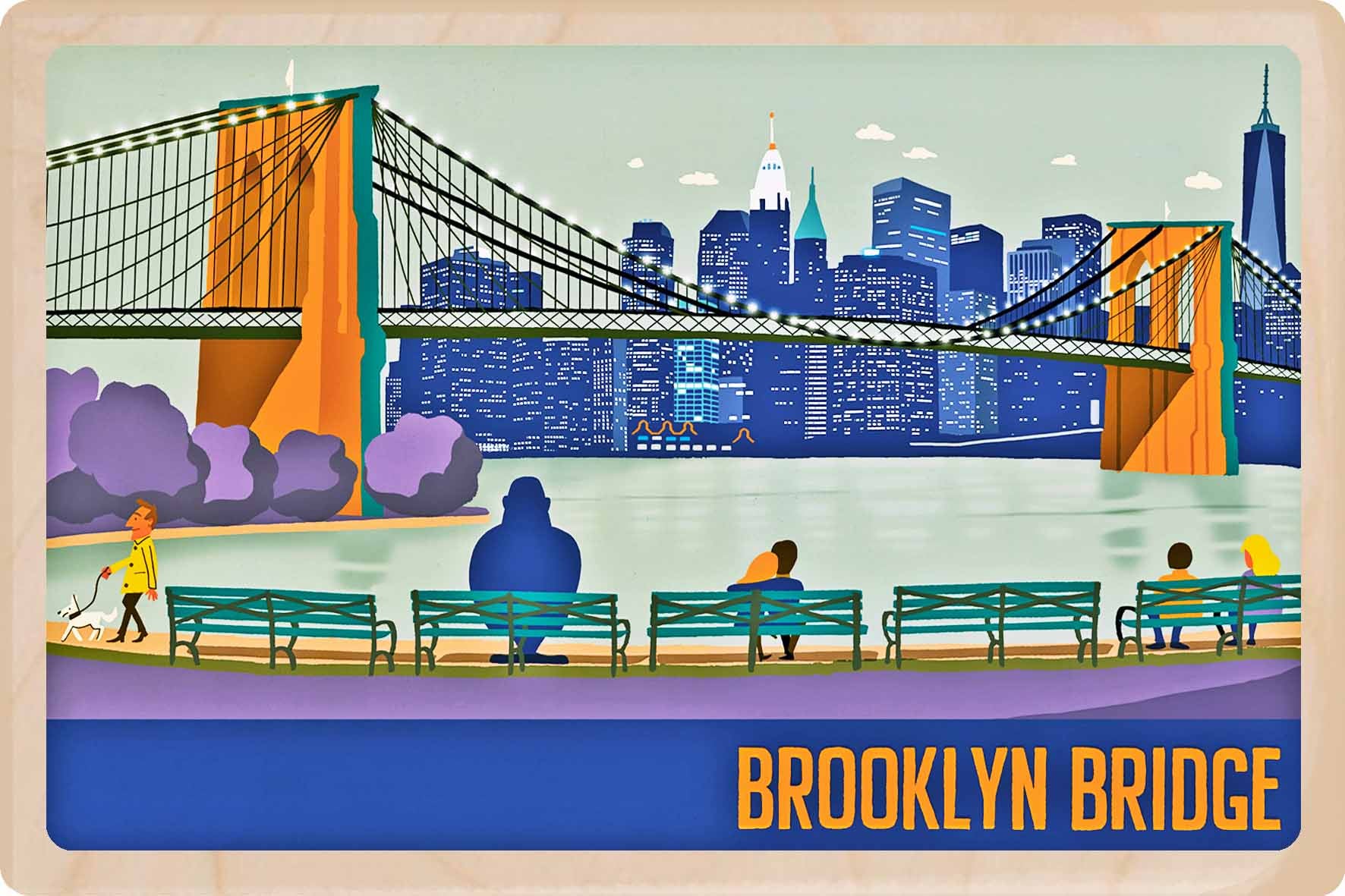 Illustration of the Brooklyn Bridge with people on benches and the city skyline. Brooklyn Bridge, New York City – Eco-friendly Card - Wooden Postcard

Write on the back with any pen and post worldwide with a standard stamp. A smart, eco-friendly card and gift.