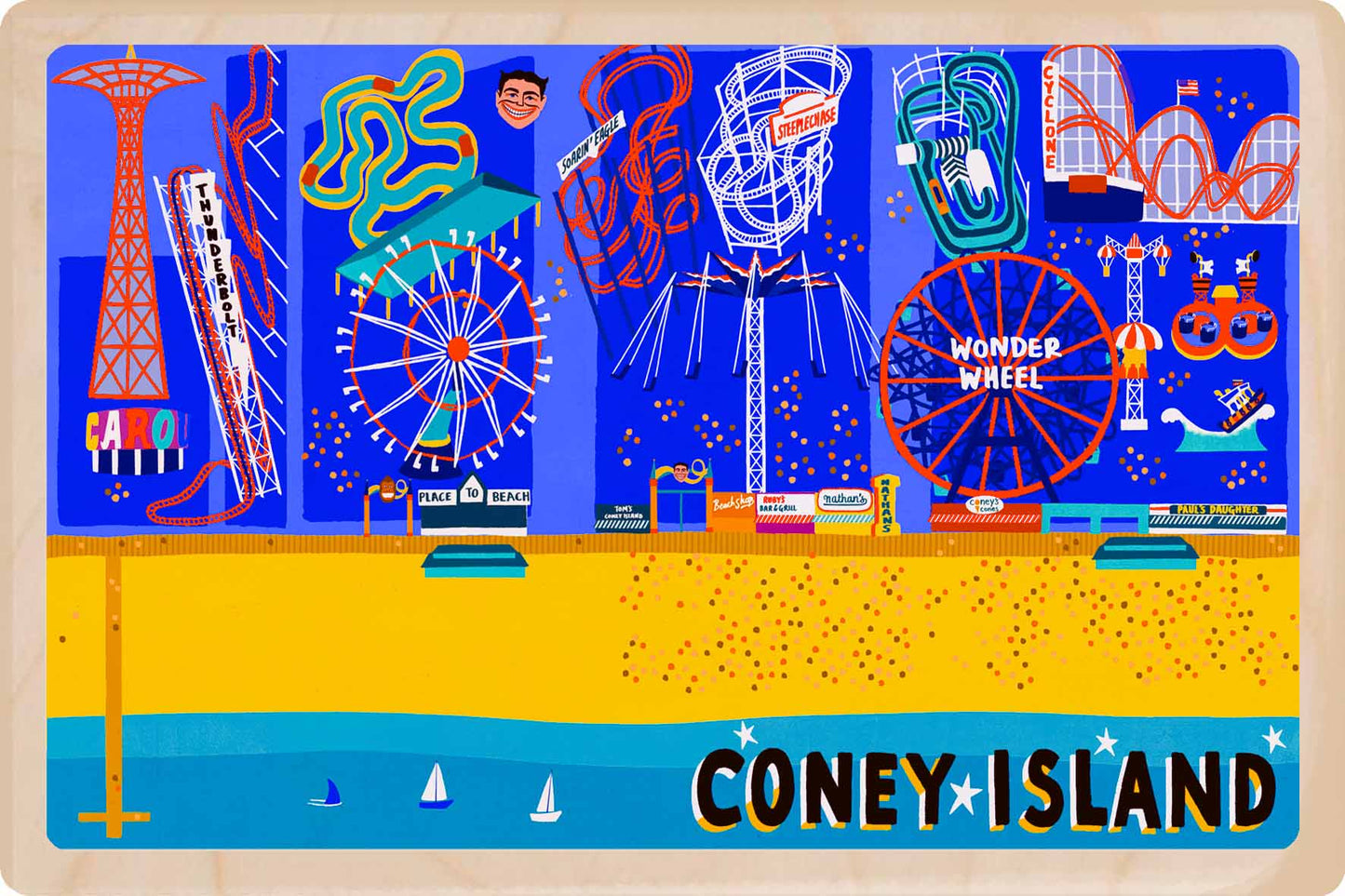 Colorful illustration of Coney Island with various attractions by night. Coney Island, New York – Eco-friendly Card -&nbsp; Wooden Postcard

Write on the back with any pen and post worldwide with a standard stamp. A smart, eco-friendly card and gift.