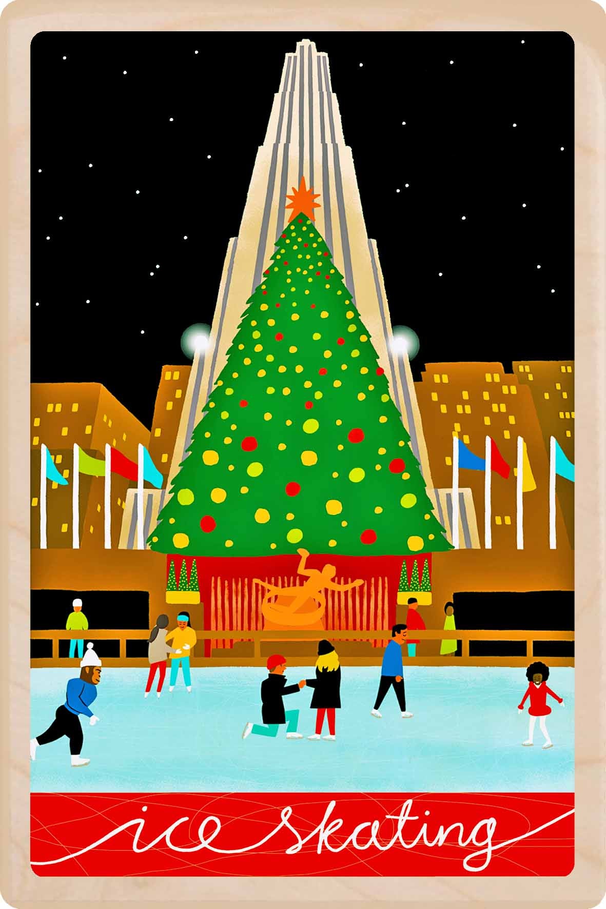 Christmas tree and ice skating rink at the Rockefeller Centre in New York. Christmas in New York - Skating - Wooden Christmas Postcard to send and to keep. An original design by award-winning illustrator ©Paul Thurlby