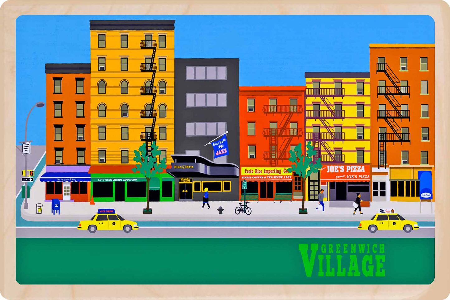Illustrated city street scene with buildings and vehicles, featuring Greenwich Village. Greenwich Village, New York – Eco-friendly Card -&nbsp; Wooden Postcard

Write on the back with any pen and post worldwide with a standard stamp. A smart, eco-friendly card and gift.