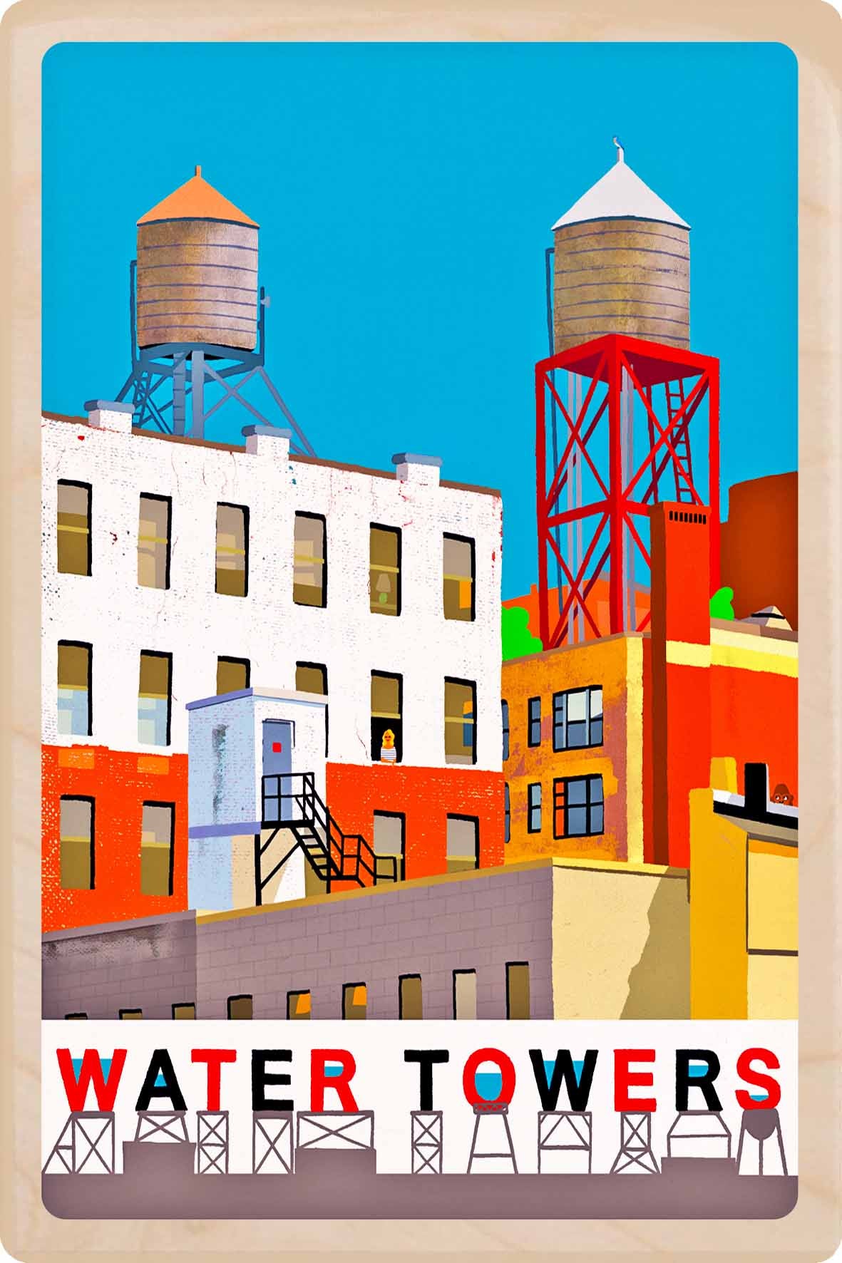 Illustration of water towers on top of buildings. Water Towers, New York City – Eco-friendly Card -&nbsp; Wooden Postcard

Write on the back with any pen and post worldwide with a standard stamp. A smart, eco-friendly card and gift.