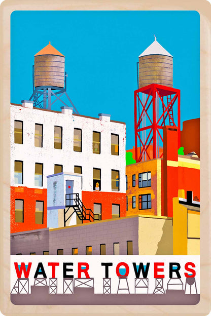 Illustration of water towers on top of buildings. Water Towers, New York City – Eco-friendly Card -&nbsp; Wooden Postcard

Write on the back with any pen and post worldwide with a standard stamp. A smart, eco-friendly card and gift.