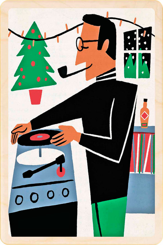 Illustration of a man playing vinyl records with Christmas decorations in the background. Christmas Playlist – Christmas card - Wooden Postcard

Original Christmas illustration printed on sustainable wood. A beautiful card to send, display, or tuck into a stocking.
