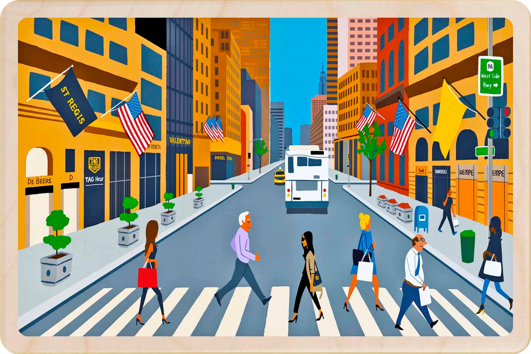 Illustration of a city street with people crossing a zebra crossing, buildings, and flags. 5th Avenue, New York City – Eco-friendly Card -&nbsp; Wooden Postcard

Write on the back with any pen and post worldwide with a standard stamp. A smart, eco-friendly card and gift.