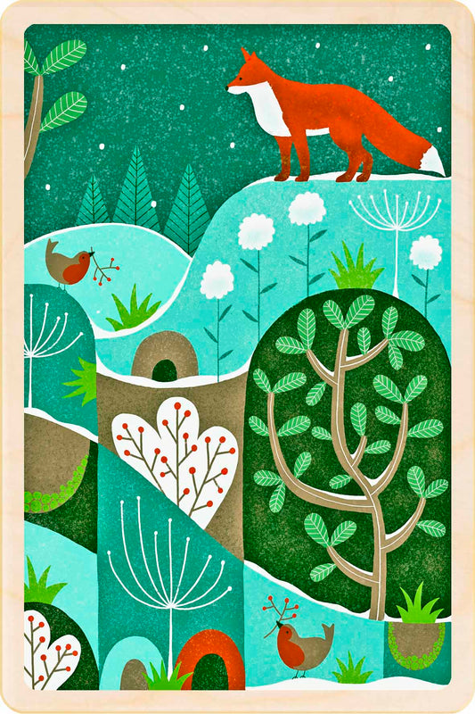 Christmas fox and birds design on a green background. 