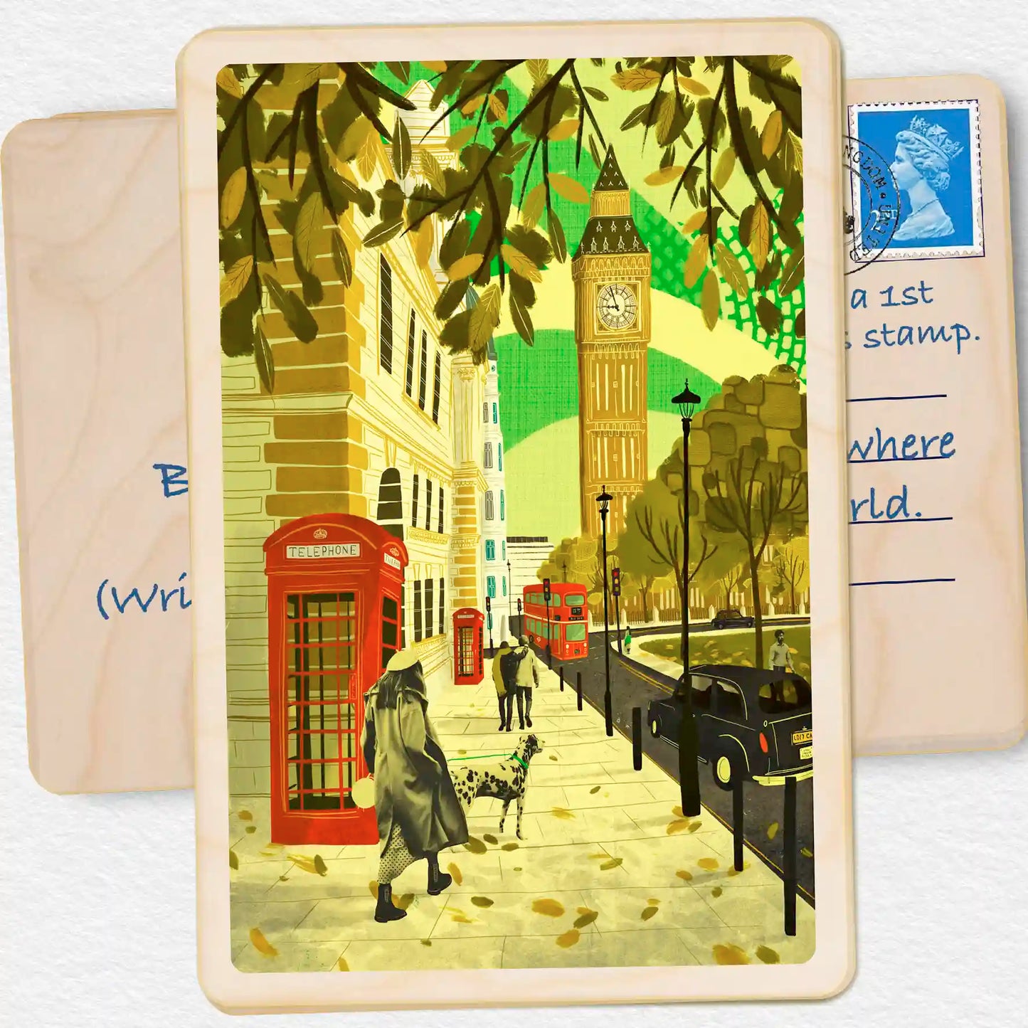 Autumn in London. Sustainable Card, Wooden postcard. London illustration by Emy Lou Holmes. Eco-friendly wooden card to send, gift and display. The Wooden Postcard Company