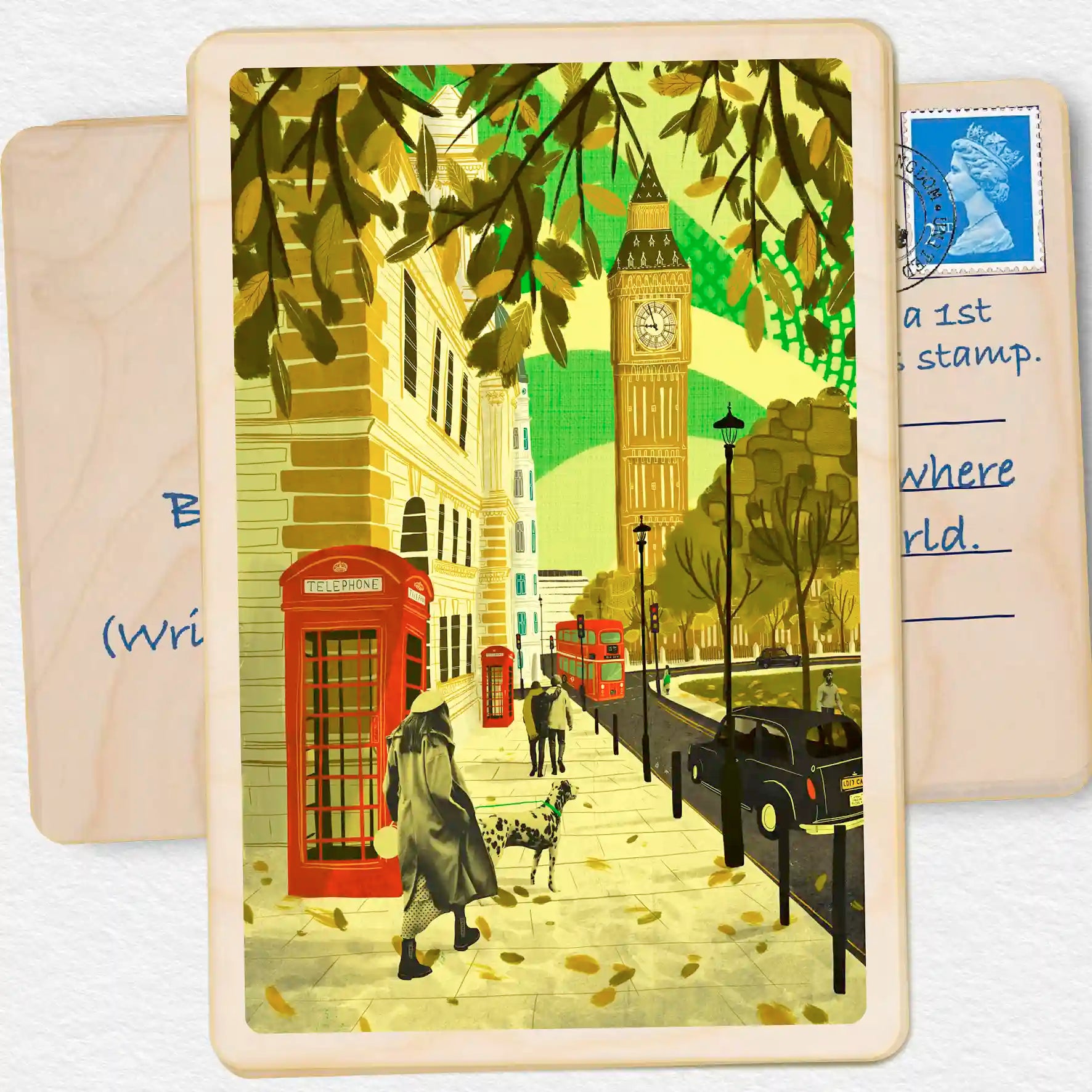 Autumn in London. Sustainable Card, Wooden postcard. London illustration by Emy Lou Holmes. Eco-friendly wooden card to send, gift and display. The Wooden Postcard Company