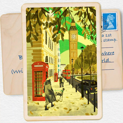 Autumn in London. Sustainable Card, Wooden postcard. London illustration by Emy Lou Holmes. Eco-friendly wooden card to send, gift and display. The Wooden Postcard Company