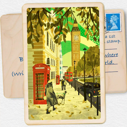 Autumn in London. Sustainable Card, Wooden postcard. London illustration by Emy Lou Holmes. Eco-friendly wooden card to send, gift and display. The Wooden Postcard Company
