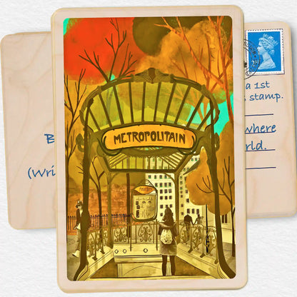 Autumn in Paris. Paris Wooden Postcard. Original art by Emy Lou Holmes. Eco-friendly card you can send, gift, or display. The Wooden Postcard Company