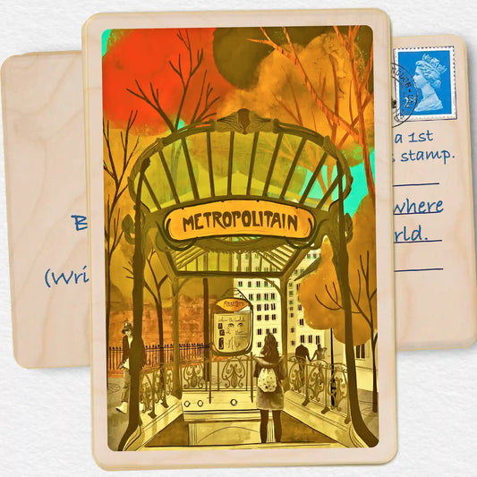 Autumn in Paris. Paris Wooden Postcard. Original art by Emy Lou Holmes. Eco-friendly card you can send, gift, or display. The Wooden Postcard Company