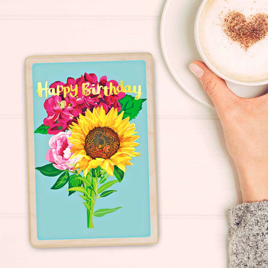 Happy Birthday wooden postcard with Sunflower illustration