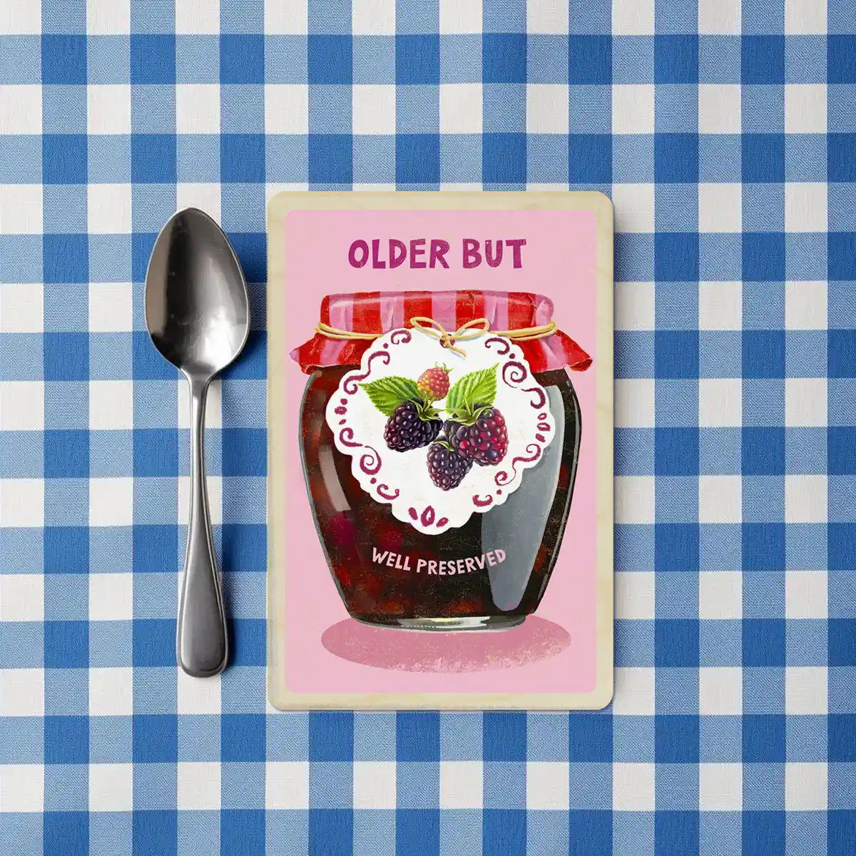 Older but Well Preserved! - Birthday Wooden Postcard

Send a smile with this jammy birthday card. Printed on sustainably sourced wood, eco-friendly - the sweetest birthday keepsake. Jar of jam with a decorative label on a pink background, featuring the text 'Older But Well Preserved'. the wooden postcard company
