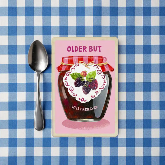 Older but Well Preserved! - Birthday Wooden Postcard

Send a smile with this jammy birthday card. Printed on sustainably sourced wood, eco-friendly - the sweetest birthday keepsake. Jar of jam with a decorative label on a pink background, featuring the text 'Older But Well Preserved'. the wooden postcard company