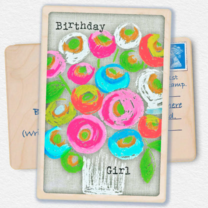 Birthday Girl, floral design by Sarah Kelleher. Printed in Suffolk on responsibly sourced wood. Made to send and keep and display.