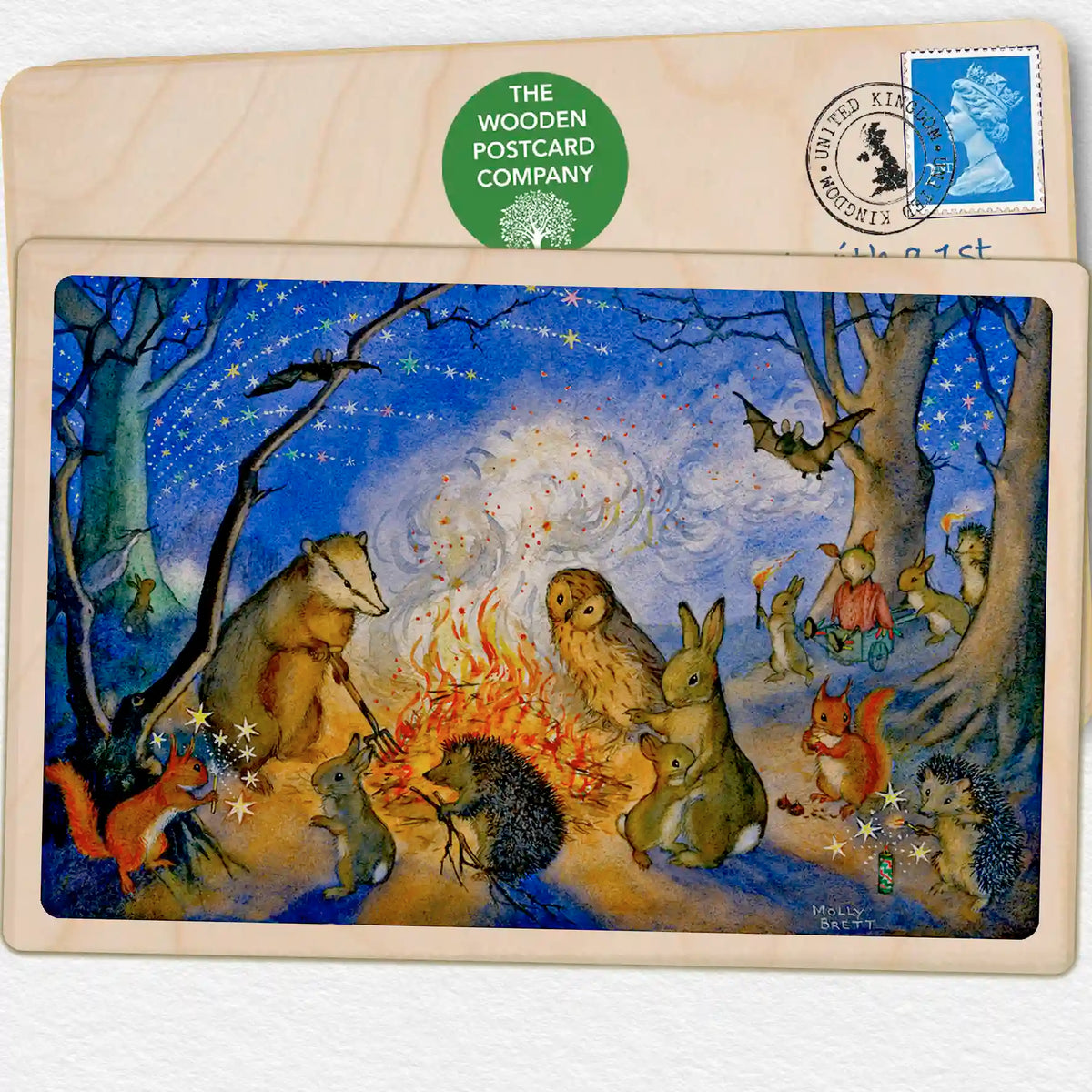 Bonfire. Sustainable Card, Wooden Postcard. Original illustration by Molly Brett, printed on sustainable wood. A beautiful postcard for children big and small, to send, keep, and display. The Wooden Postcard Company.